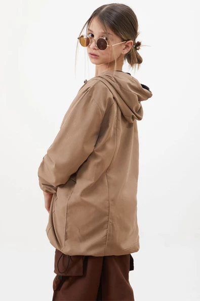 Kahve Kapüşonlu Fermuarlı Kız Çocuk Paraşüt Hırka 18499 - 5