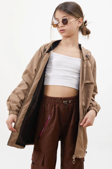 Kahve Kapüşonlu Fermuarlı Kız Çocuk Paraşüt Hırka 18499 - 4