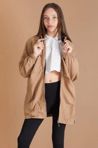 Bej Kapüşonlu Fermuarlı Kız Çocuk Paraşüt Hırka 18498 - 2