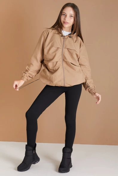Bej Kapüşonlu Fermuarlı Kız Çocuk Paraşüt Hırka 18498 - 3