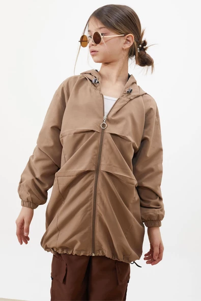 Kahve Kapüşonlu Fermuarlı Kız Çocuk Paraşüt Hırka 18499 - 2