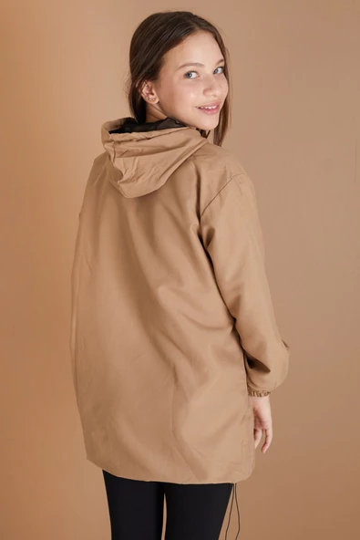 Bej Kapüşonlu Fermuarlı Kız Çocuk Paraşüt Hırka 18498 - 6