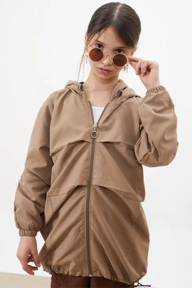 Kahve Kapüşonlu Fermuarlı Kız Çocuk Paraşüt Hırka 18499 - 3