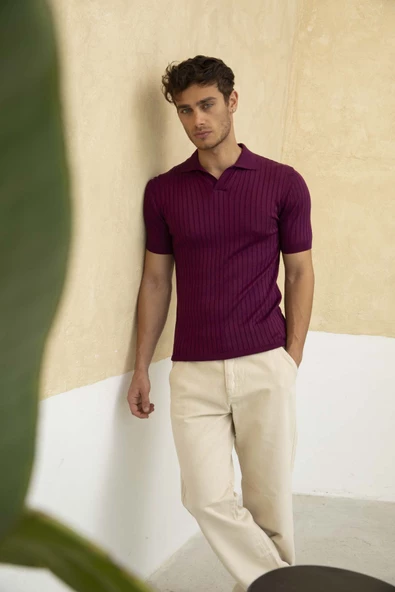 Erkek Fitilli Polo Yaka Triko T-Shirt - 11