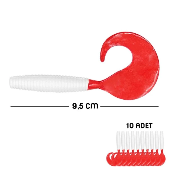 Silikon Kurt Sahte Yem - 95mm - Kırmızı/Beyaz - 10'lu Paket - Yumy (460-O-18095) - 2