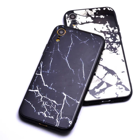 Apple iPhone XR 6.1 Kılıf Zore Mermer Desenli Ebruli Cam Kapak - Resim 3