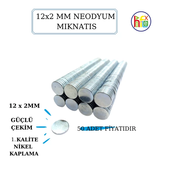 NEODYUM MIKNATIS NİKEL KAPLAMA 12MM X2MM (50 ADET)