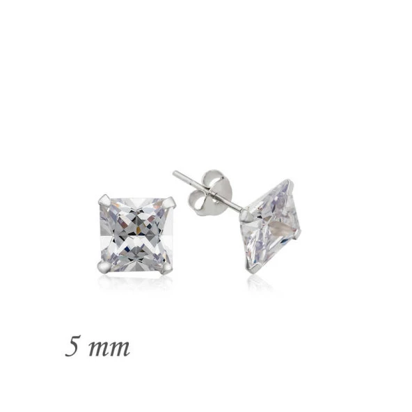 925 Ayar Gümüş Kare Tek Taş Zirkon Küpe - 5 mm
