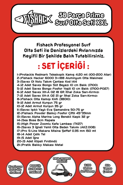 Fishack 38 Parça Surf Prime Deniz Olta Seti XXL - 4.20MT / 100-200GR - 2