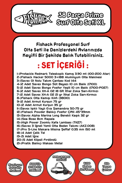 Fishack 38 Parça Surf Prime Deniz Olta Seti XL - 3.90MT / 100-200GR - 2