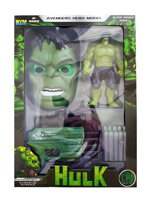 Hulk Işıklı Figür Oyuncak Maske Nerf Silah ve Mermi Marvel Büyük Set
