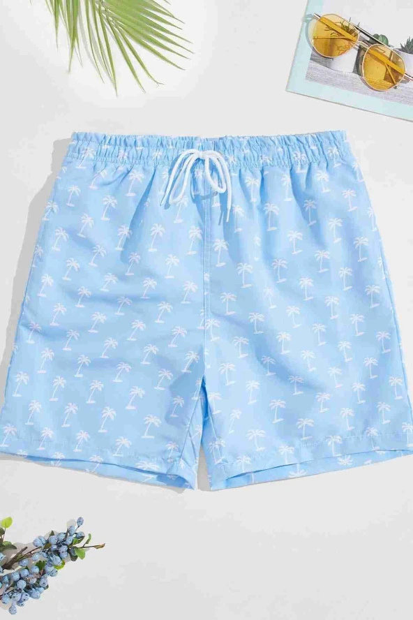 Aria's Closet Erkek Basic Standart Boy Şık Palmiye Baskılı Mayo Cepli Deniz Şortu Mavi