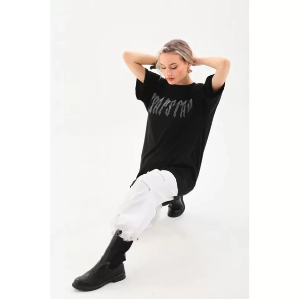 Lucky Life Unisex Taş Desenli Oversize T-Shirt - Siyah - 4