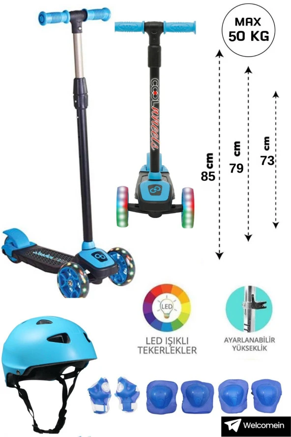 Mavi Led Işıklı 3 Tekerlekli Cool Wheels Yükseklik Ayarlı Çocuk Scooter Ve Kask Dizlik Dirseklik Set