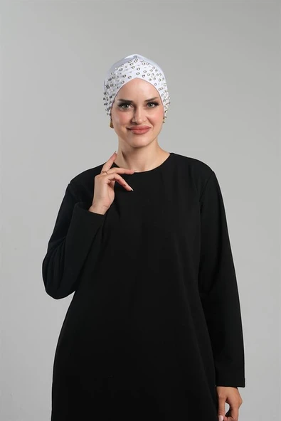 Beyaz Pratik Hazır Geçmeli Tesettür Bone Sandy Kumaş Taşlı 1456_42