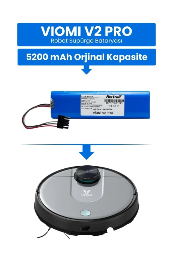 ELECTROLL Viomi V2 Pro Batarya (ORJİNAL KAPASİTE) 3.200mah Pil Akıllı Robot Süpürge Batarya Değişimi ürün görseli