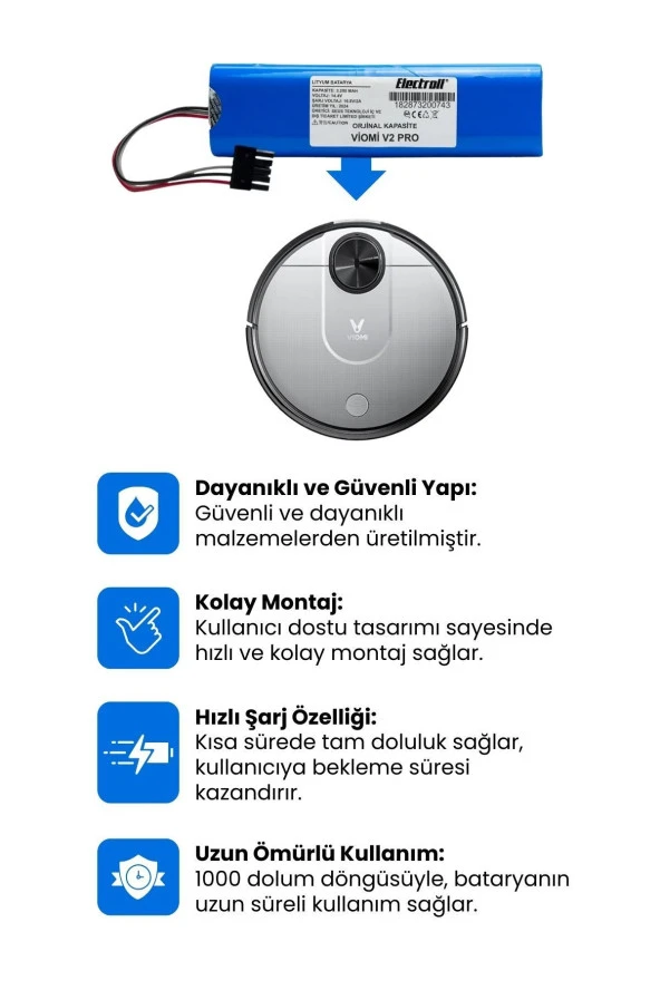 ELECTROLL Viomi V2 Pro Batarya (ORJİNAL KAPASİTE) 3.200mah Pil Akıllı Robot Süpürge Batarya Değişimi - Resim 2