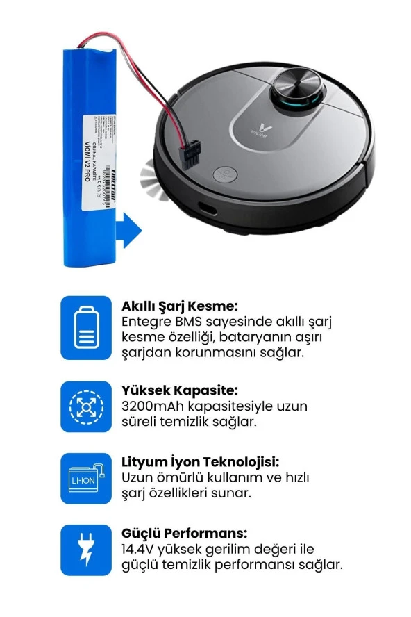 ELECTROLL Viomi V2 Pro Batarya (ORJİNAL KAPASİTE) 3.200mah Pil Akıllı Robot Süpürge Batarya Değişimi - Resim 3