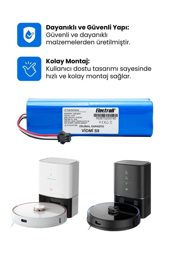 ELECTROLL Viomi S9 Batarya (ORJİNAL KAPASİTE) 5.200mah Pil Akıllı Robot Süpürge Batarya Değişimi ürün görseli