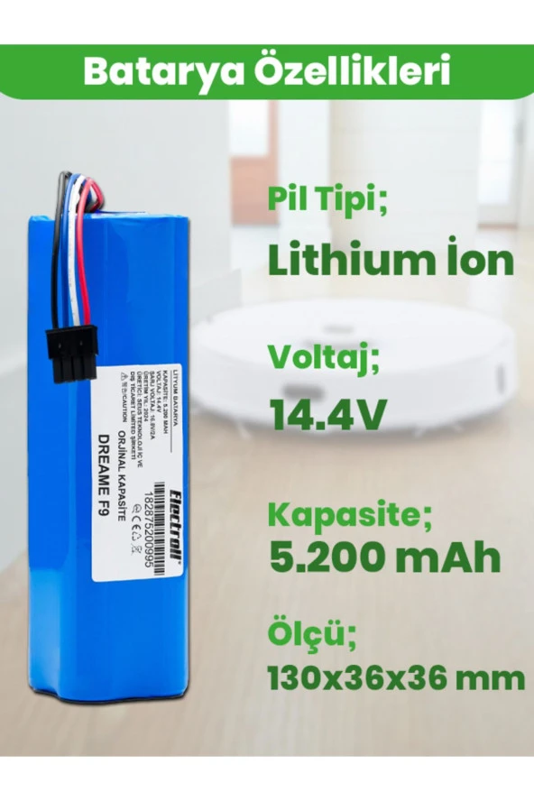 ELECTROLL Dreame Mop F9 Batarya (ORJİNAL KAPASİTE) Uyumlu 5200mah Pil Akıllı Robot Süpürge Batarya Değişimi - 2