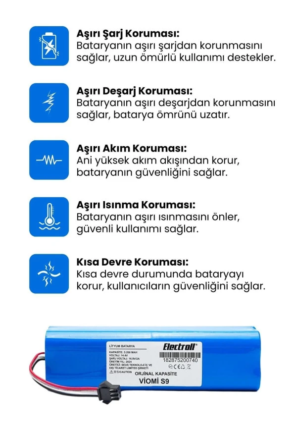 ELECTROLL Viomi S9 Batarya (ORJİNAL KAPASİTE) 5.200mah Pil Akıllı Robot Süpürge Batarya Değişimi - Resim 2