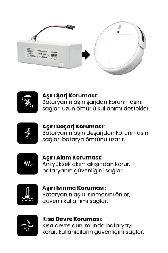 ELECTROLL Xiaomi Mi Vacuum Mop 1c 2in1 Batarya Kutulu (YÜKSEK KAPASİTE) Stytj01zhm 5.200mah Pil Robot Süpürge