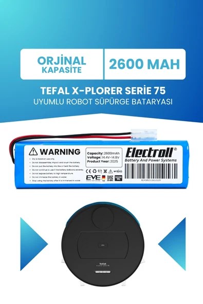 Tefal X-plorer Serie 75 Uyumlu Batarya (ORJİNAL KAPASİTE) 2600mah Pil Robot Süpürge Bataryası Rg7675