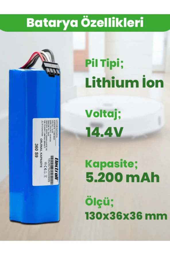 ELECTROLL 360 S9 Batarya (ORJİNAL KAPASİTE) 5200mah Pil Akıllı Robot Süpürge Batarya Değişimi ürün görseli