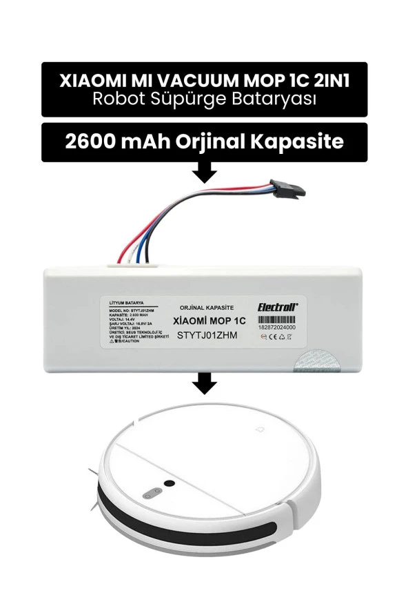 ELECTROLL Xiaomi Mi Vacuum Mop 1c 2in1 Batarya Kutulu (ORJİNAL KAPASİTE) Stytj01zhm 2.600mah Pil Robot Süpürge