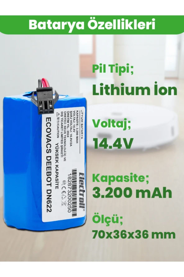 ELECTROLL Ecovacs Deebot Dn622 Batarya (YÜKSEK KAPASİTE) 3.200mah Pil Akıllı Robot Süpürge Batarya Değişimi ürün görseli
