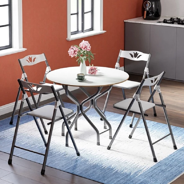 Eportatif Mutfak Masa Sandalye Seti Bahçe Yemek Masa Seti Yuvarlak Beyaz 1050 - 2