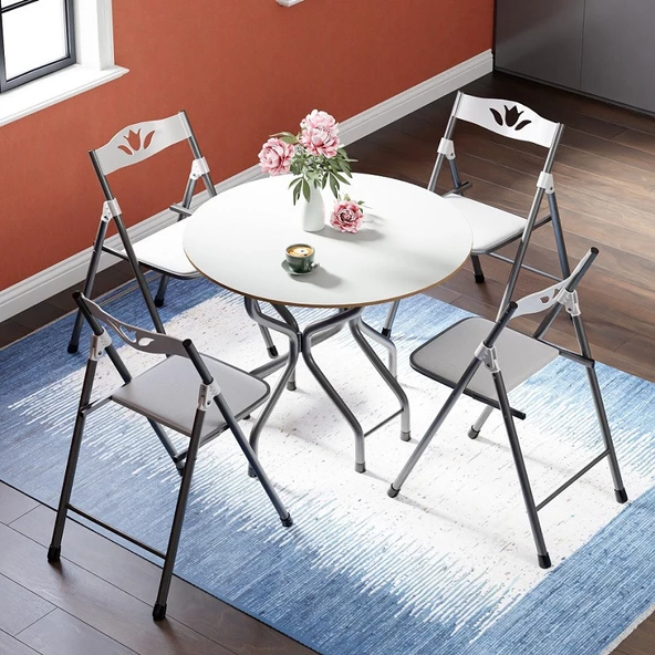 Eportatif Mutfak Masa Sandalye Seti Bahçe Yemek Masa Seti Yuvarlak Beyaz 1050