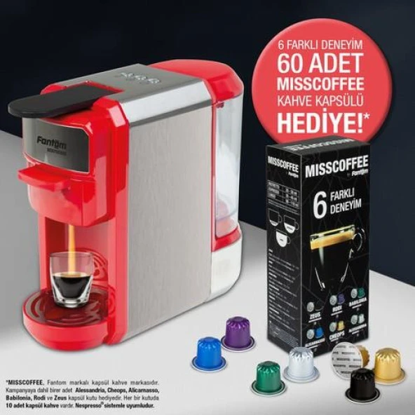 Fantom KS1450 Mixpresso Kapsüllü Kahve Makinesi Kırmızı 60 Adet Kapsül HEDİYELİ