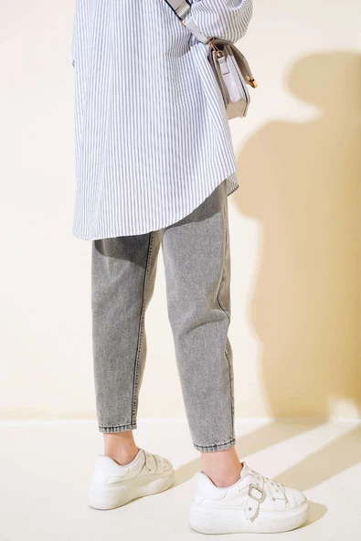 Boru Paça Kot Pantolon Gri Kar - Resim 3