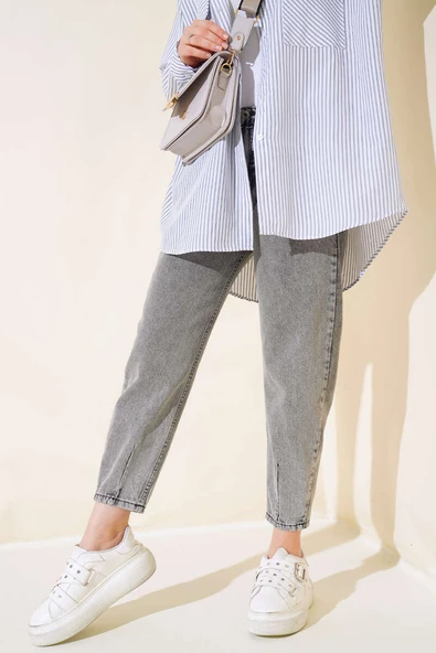 Boru Paça Kot Pantolon Gri Kar - Resim 2