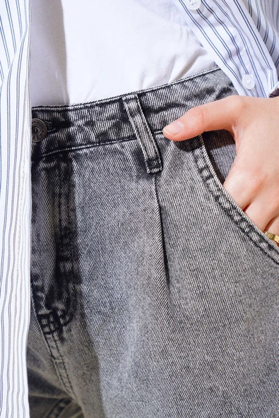 Boru Paça Kot Pantolon Gri Kar - Resim 4