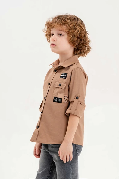 Çıtçıtlı Arma Baskılı Ayarlanabilir Kol Erkek Çocuk Gömlek - Resim 8