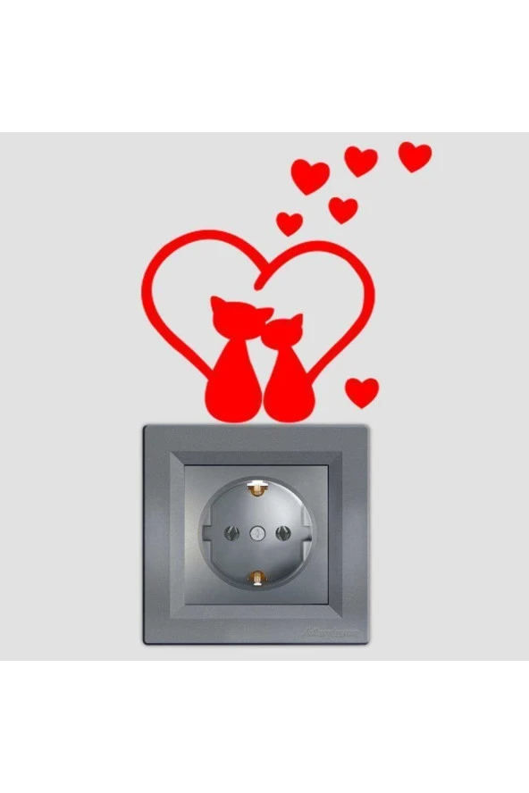 Kuyrukları Kalp Olmuş Kırmızı Kalpli Kedicikler Priz Sticker Etiket Kırmızı 2 Adet 88X91 mm