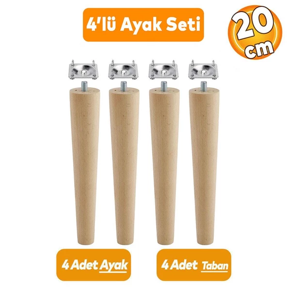 Ahşap Sehpa Masa Puf Tv Ünitesi Ayağı Ayakları M8 Civatalı 20 cm + Bağlantı Aparatlı 4'lü Set