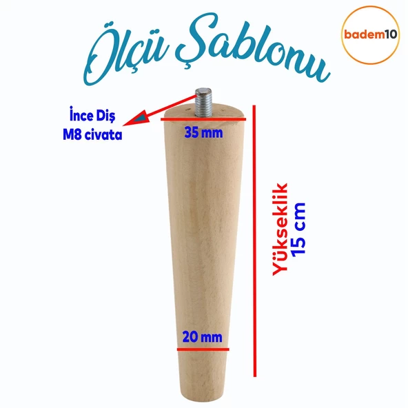 Ahşap Mobilya Koltuk Kanepe Sehpa Masa Ayağı Ayakları M8 Civatalı 15 cm + Bağlantı Aparatlı 4'lü Set - 2