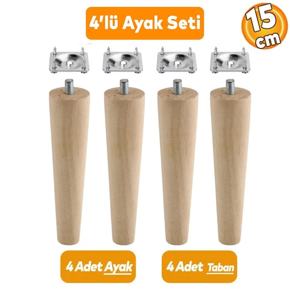Ahşap Mobilya Koltuk Kanepe Sehpa Masa Ayağı Ayakları M8 Civatalı 15 cm + Bağlantı Aparatlı 4'lü Set
