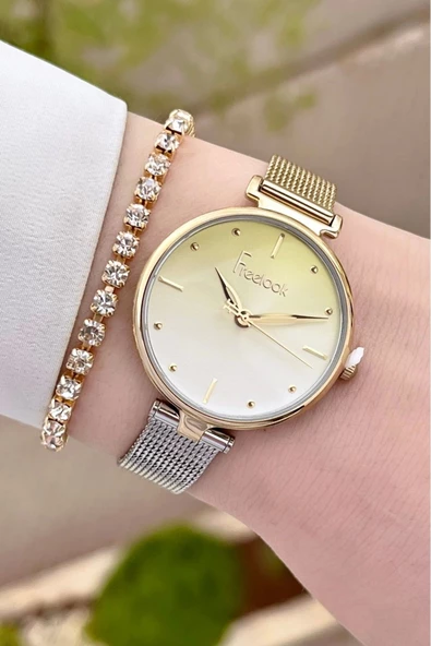 Freelook FLISTE33 Gold Gümüş Renk Hediye Paketli 5 ATM Kadın Kol Saati ve Bileklik - Resim 2