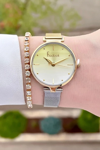 Freelook FLISTE33 Gold Gümüş Renk Hediye Paketli 5 ATM Kadın Kol Saati ve Bileklik - Resim 3