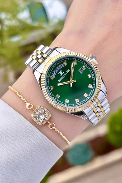 Daniel Klein DKISTE1085 Kadranı Yeşil Gold Gümüş Renk Hediye Paketli Takvimli Kadın Kol Saati ve Bileklik - Resim 4