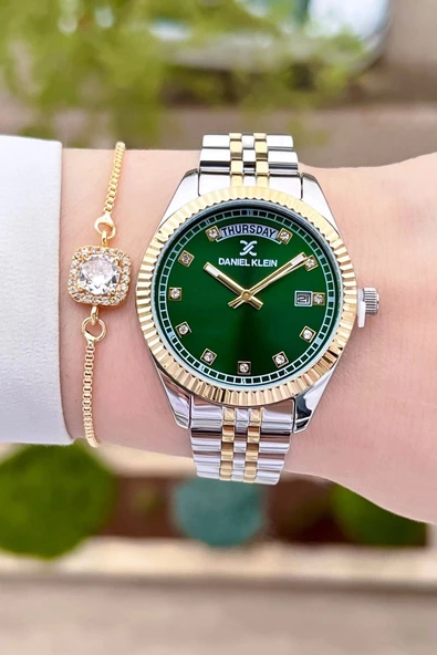 Daniel Klein DKISTE1085 Kadranı Yeşil Gold Gümüş Renk Hediye Paketli Takvimli Kadın Kol Saati ve Bileklik - Resim 3