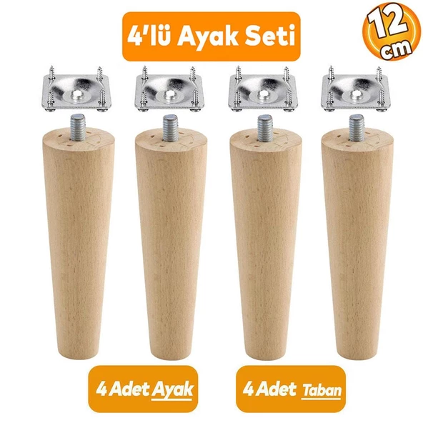 Ahşap Mobilya Koltuk Kanepe Sehpa Masa Ayağı Ayakları M8 Civatalı 12 cm + Bağlantı Aparatlı 4'lü Set