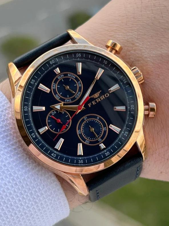 Ferro Takvimli+İç Fonksiyonları Aktif Lacivert-Rose Renk Deri Kordon 3 Atm Erkek Kol Saat EFM11105-T ürün görseli