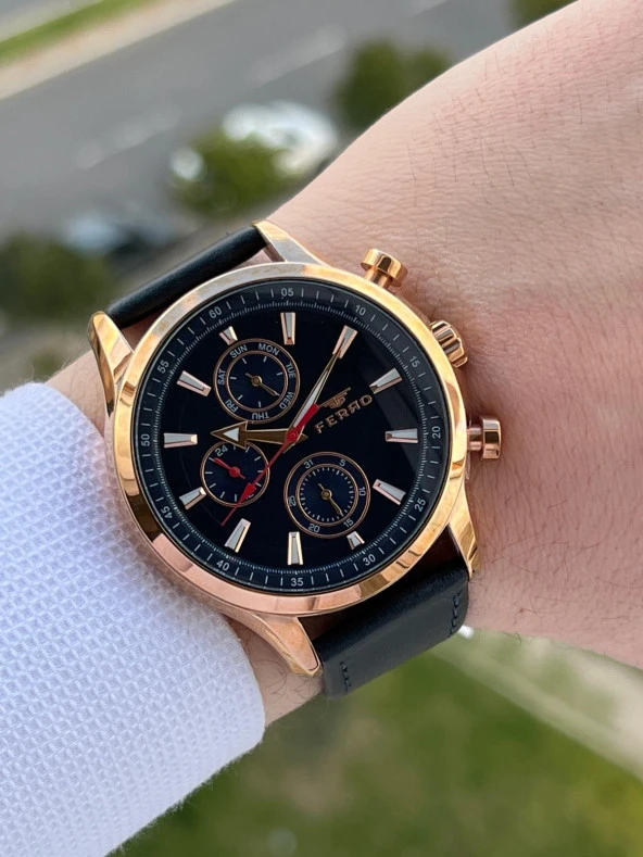 Ferro Takvimli+İç Fonksiyonları Aktif Lacivert-Rose Renk Deri Kordon 3 Atm Erkek Kol Saat EFM11105-T - Resim 2