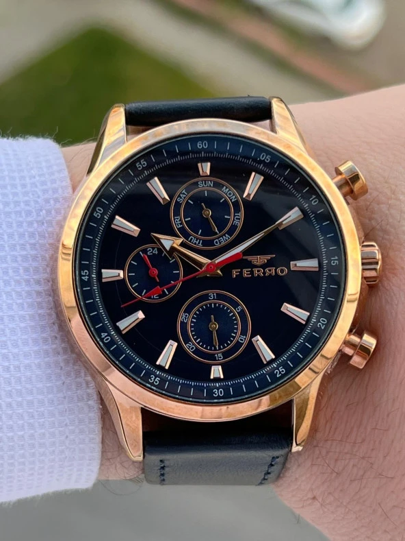 Ferro Takvimli+İç Fonksiyonları Aktif Lacivert-Rose Renk Deri Kordon 3 Atm Erkek Kol Saat EFM11105-T - Resim 3