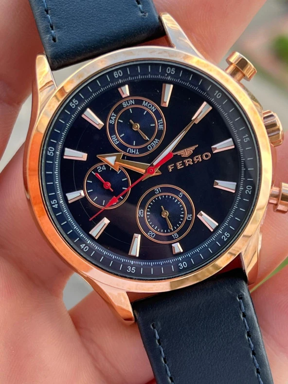 Ferro Takvimli+İç Fonksiyonları Aktif Lacivert-Rose Renk Deri Kordon 3 Atm Erkek Kol Saat EFM11105-T - Resim 4